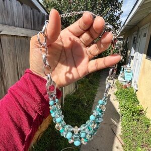Elegant Silver tone and Aqua Blue Dress Beaded Necklace